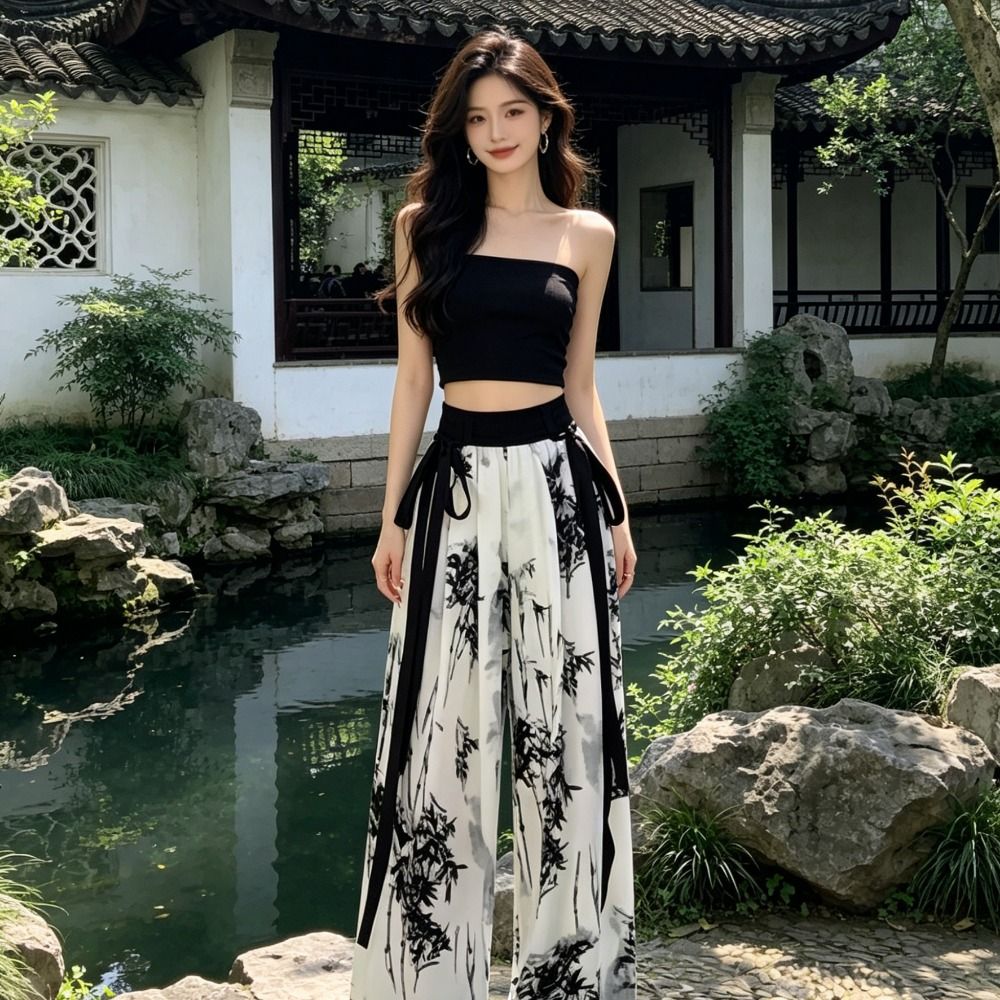 Silk Painting Dye - กางเกงลำลองผ้าไหมน้ำแข็งลายพิมพ์หมึกสไตล์จีน ย้อมสีแบบไท-ได ทรงขาตรง เอวสูง สำหรับฤดูร้อน ฤดูใบไม้ผลิ