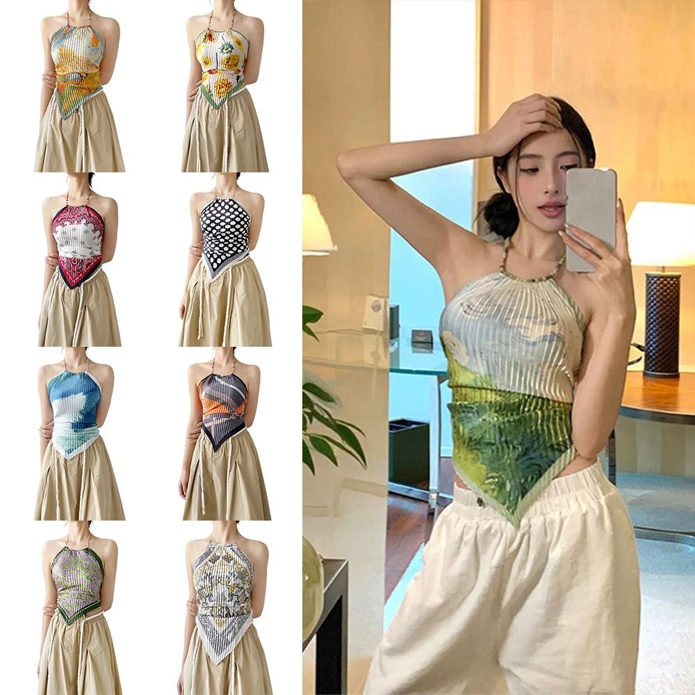 Silk Painting Dye - เสื้อครอปพิมพ์ลายแฟชั่นสไตล์ Y2K แบบผูกเชือก โชว์หลัง สายเดี่ยว ผ้าพันคอไหมพิมพ์ลายไทダイ
